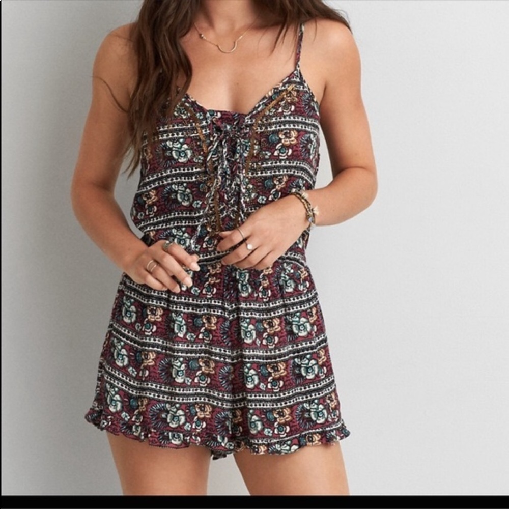 American Eagle Lace Up Floral Romper
